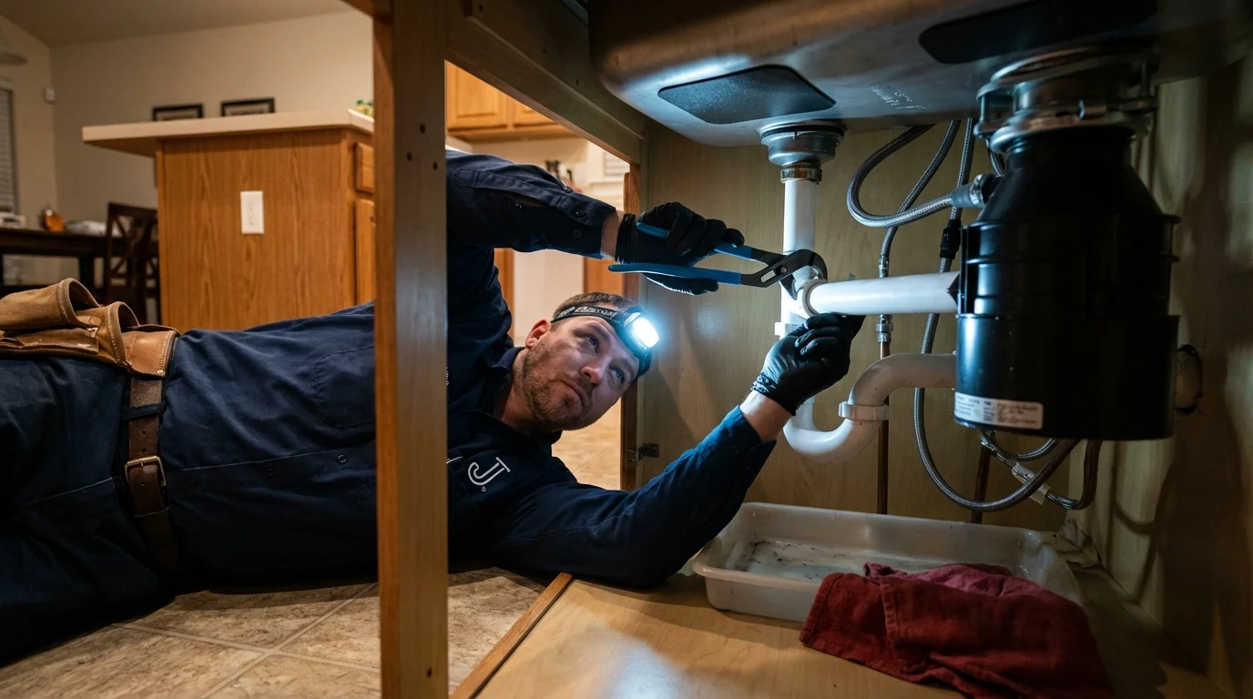 P-trap and supply line connections under a kitchen sink showing a common leak point in Indio, CA